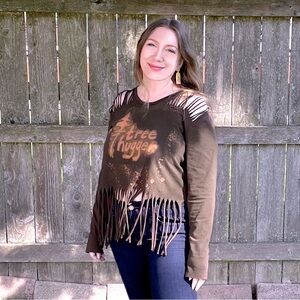 NWT Organic Cotton Hand Dyed Sustainable brand Vois Long Sleeve T-Shirt w Fringe